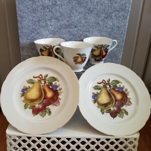 LM Royal Halsey China Dessert Plate & Footed Cup Pears Blueberry Gold Trim Set